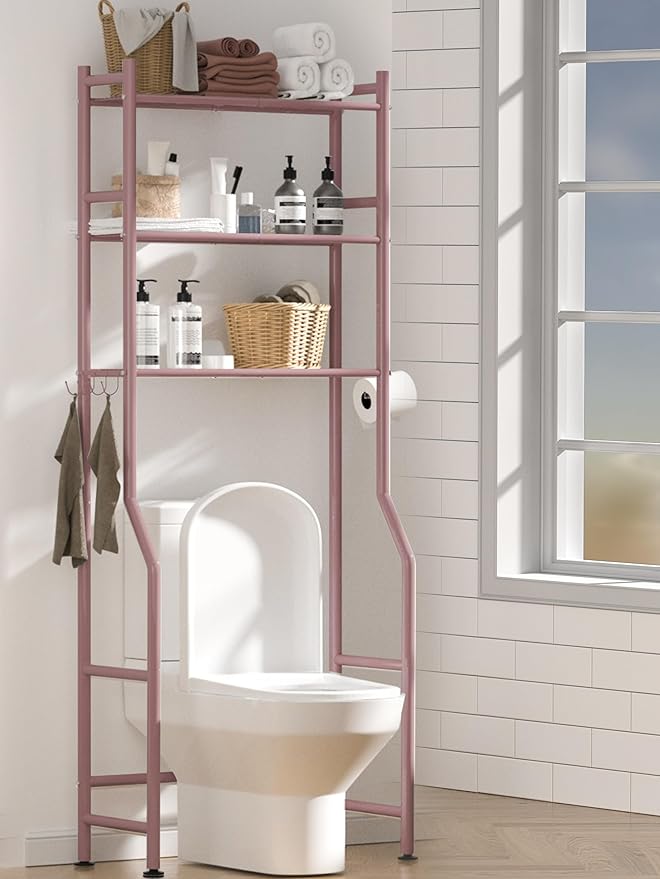 3 Tier Over The Toilet Storage Rack with 2 Basket, Metal Freestanding Bathroom Shelves Toilet with Paper Holder and 4 Hooks, Over Toilet Storage Shelf for Bathroom Storage, Bronze-NeatNest