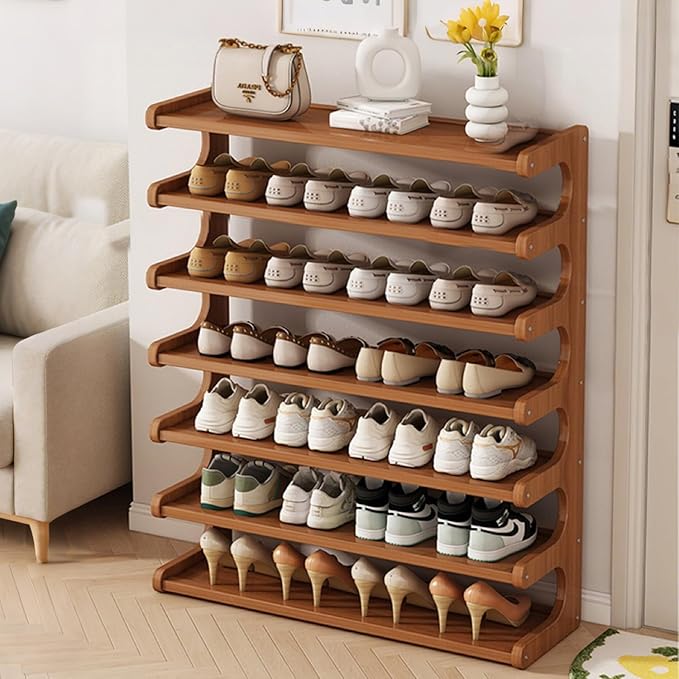 7-Tier Vertical Shoe Rack, Bamboo Free Standing Shoe Rack Shelf, 32" Shoe Storage Stand, Entryway Shoe Tower, Vertical Shoe Organizer for Narrow Closet, Entryway, Hallway, Rustic Brown-NeatNest