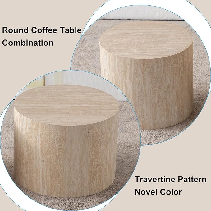 Nesting Coffee Table Set of 2 Wood Circle Drum Coffee Tables Set Round Fluted Coffee Tables for Living Room & Small Space (terrazzo)