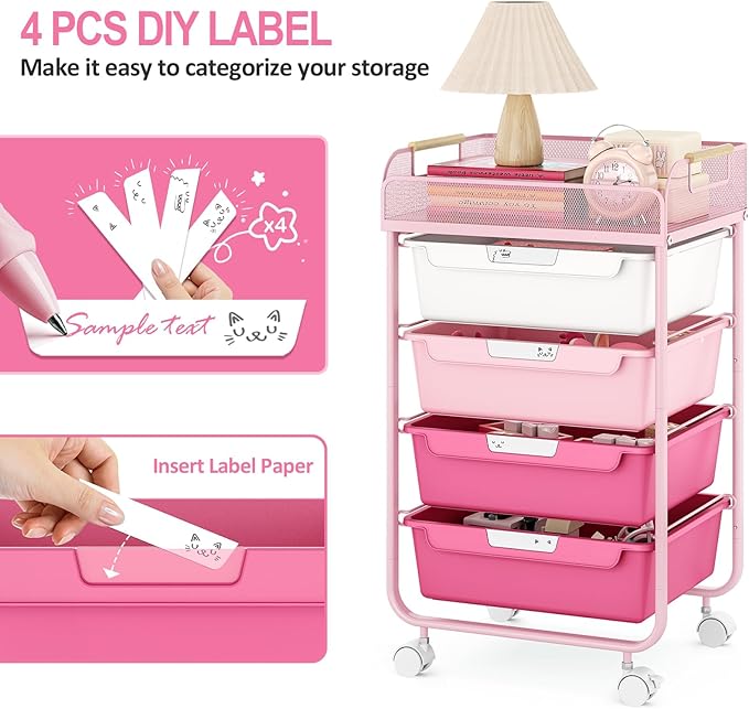 Rolling Cart with 4 Drawers,4 Tiers Rolling Utility Cart Craft Cart,Rolling Storage Drawer Cart with Mesh Top,Storage Cart with Drawers & 4 PCS DIY Lable, Rose Pink