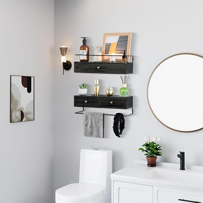 Floating Shelves for Wall Storage, Wall Mounted Bathroom Shelf with Drawers Set of 2, Rustic Wood Wall Shelves for Bedroom, Living Room, Kitchen, Wall Decor, Plants, Books, Black-NeatNest
