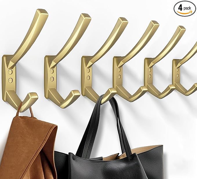 Heavy Duty Wall Hooks, 5.7 Inch Large Coat Hooks, 6 Packs Towel Hooks for Hanging in Bathroom, Bedroom, Entryway, Kitchen, etc (Gold, 6 Pack)