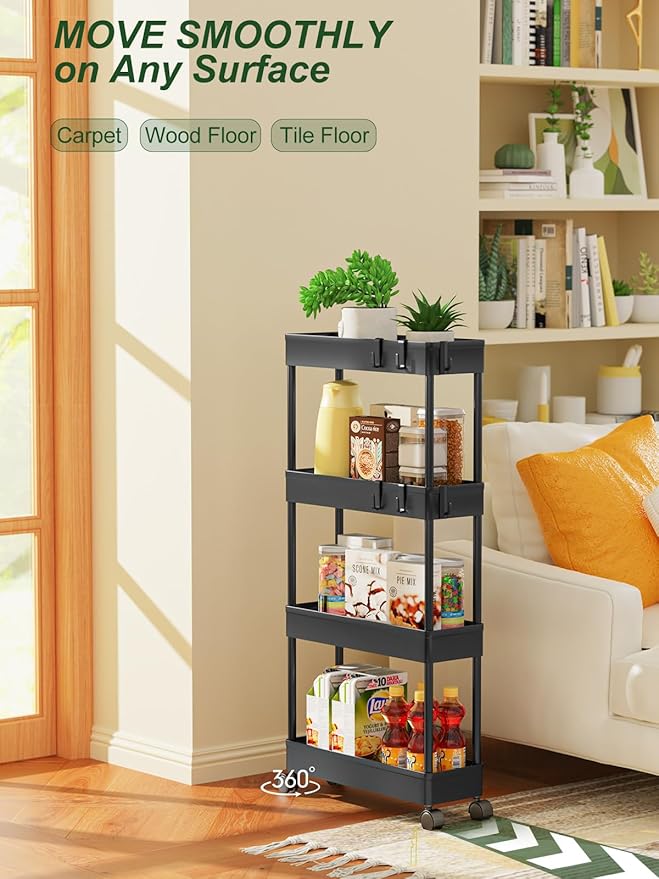 LEHOM 5.1" Slim Storage Cart - 4 Tiers Bathroom Organizer Mobile Shelving Unit Storage Rolling Utility Cart Slide Out Organizer for Kitchen Bathroom Laundry Narrow Places