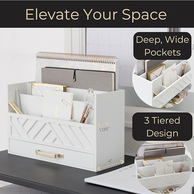 BLU MONACO White Wooden Mail Organizer with Drawer and Gold Handle – Desk Accessories for Office Organization and Storage – Home, Office, and Classroom Supplies-NeatNest