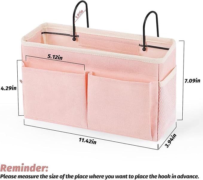 Bedside Caddy Bedside Storage Organizer Hanging Bunk Bed Dorm Room with Side Pockets for Water Bottles, Books, Cell Phones, Headphones (Pink)-NeatNest