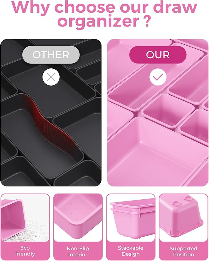 25 PCS Plastic Drawer Organizers Set, 4-Sizes Vanity and Makeup Organizer, Desk and bathroom Drawer Organizer Trays, Organizers and Storage for Makeup, Jewelry, Gadgets, Utensils(Light Purple)-NeatNest