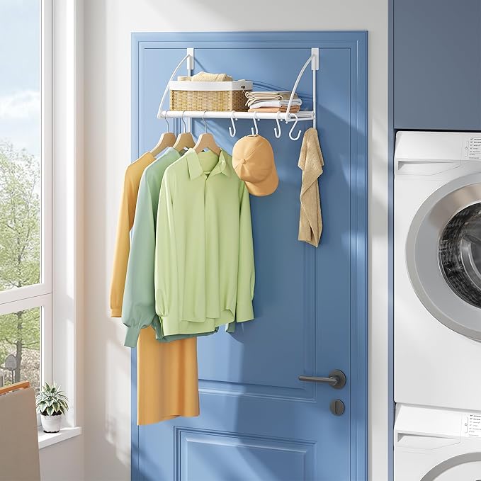Tajsoon Over The Door Hanger with Storage Rack and 6 Hooks, Over The Door Clothes Rack for Hanging Towel & Coat, Over The Door Clothes Drying Racks for Bathroom, Bedroom, Living Room, White