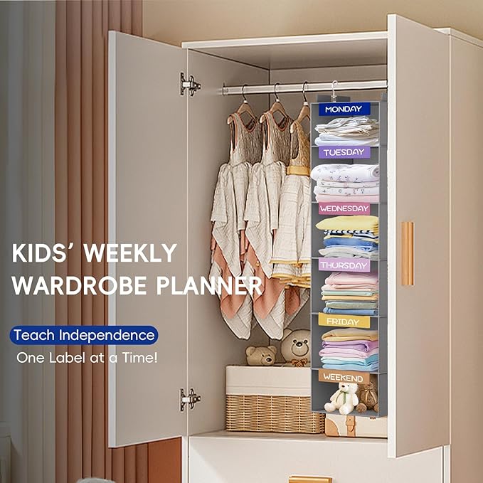 VERONLY Weekly Hanging Closet Organizer for Kids, 6-Shelf Clothes Storage with Labeled Days of The Week Monday Through Friday, Weekday and Weekend, Days of The Week Clothes Organizer-NeatNest