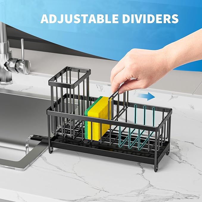 Cisily Black Sponge Holder for Kitchen Sink, Sink Caddy Organizer with High Brush Holder, Kitchen Countertop Organizers and Storage Essentials, Rustproof 304 Stainless Steel, Soap Dispenser Organize-NeatNest