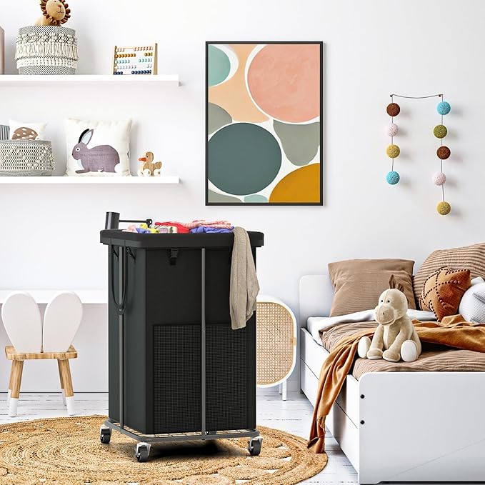 150L Large Laundry Hampers Basket with Removable Washing Bag, Oxford Fabric Laundry Hamper Clothes Hampers, Metal Frame Design with Wheels, Suitable for Bedroom, Laundry Room (Black with Bag)