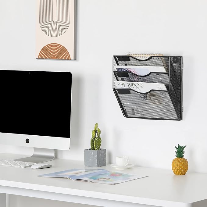 EasyPAG 3 Pocket Wall File Organizer, Black | Metal Mesh Wall Mounted File Holder | Assembly Hanging Mail Organizer | Replaceable Classify Labels | Office Home Letter Size Paper Storage