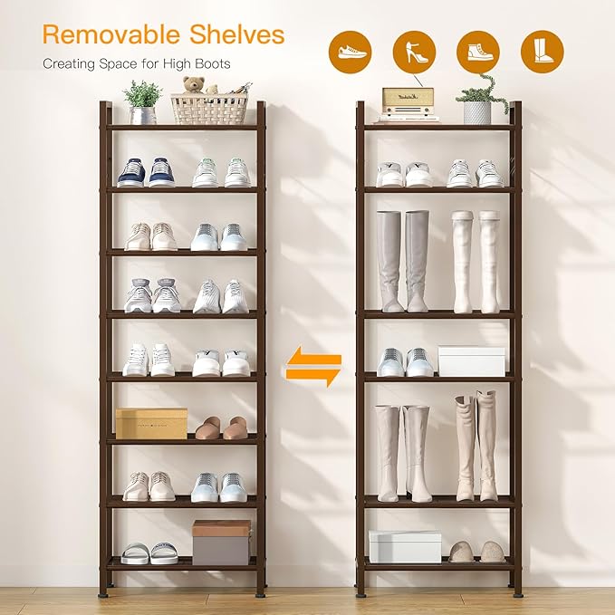 usikey 8 Tiers Narrow Shoe Rack 16-24 Pairs, Sturdy Metal Tall Shoe Rack with 4 Hooks, Slim Shoe Storage Organizer with Metal Shelf, Space Saving Vertical Shoe Shelf for Entryway, Closets, Bronze-NeatNest