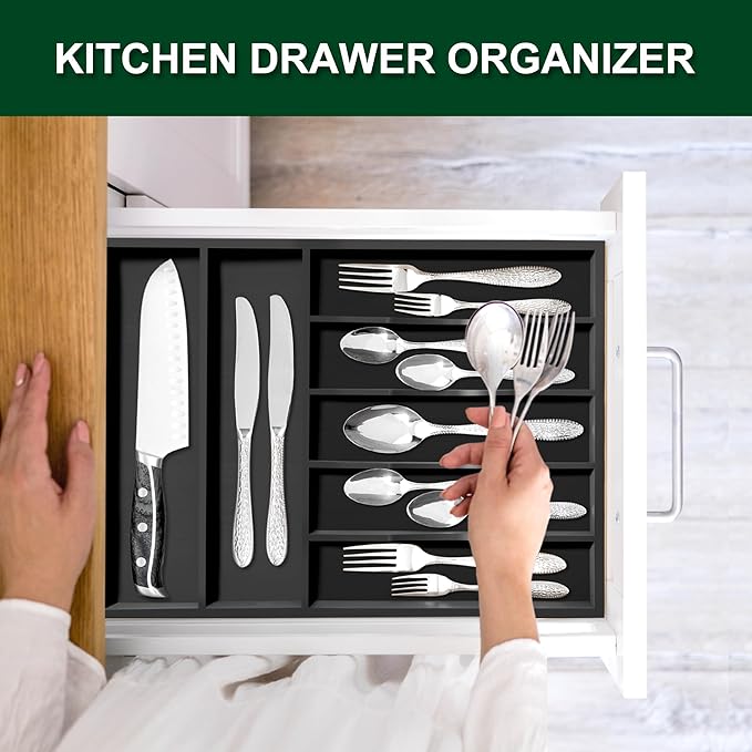 Bellsal Black Utensil Organizer 12.5 Inch Silverware Tray for Drawer Utensil Holder Cutlery Organizer Kitchen Drawer Organizer 7 Compartment Small Narrow Bamboo-NeatNest