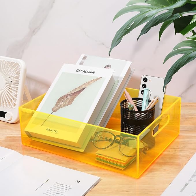 Acrylic Storage Bin Pantry Storage Container with Handles Kitchen Organizer Bin for Cabinet Cupboard Organization, Heavy Duty, 12.6 x 9.4 x 4'', Neon Yellow
