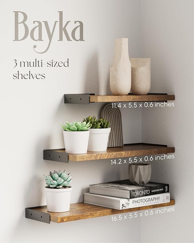 BAYKA Wall Shelves for Bedroom Decor, Floating Wall Shelves for Living Room Kitchen Storage, Wall Mounted Rustic Wood Floating Shelves for Kids Books, Corner Shelf for Bathroom(Rustic Brown,Set of 4)-NeatNest
