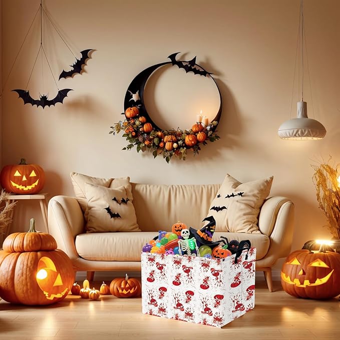 Halloween Basket Gift Terror Ghost Parties Decor Kid Trick or Treat Basket for Boys and Girls Rectangular Storage Bin Box (Blood Fingerprint)-NeatNest