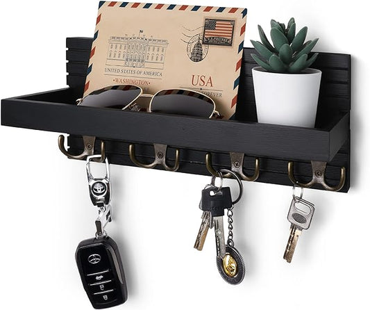 Black Wooden Key Holder - Wall Mounted Mail Organizer and Key Hanger - Modern Farmhouse Entryway Shelf with 4 Double Brass Hooks - Decorative Rack for Car Keys, Wallet-NeatNest