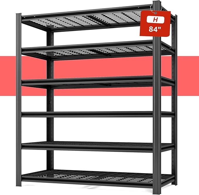 6 Tier Metal Garage Shelves, 84" H x 55.12" W x 24" D, 3600LBS Storage Heavy Duty Garage Shelving, Adjustable Shelving Unit for Warehouse, Basement, Kitchen, Store Display, Black-NeatNest
