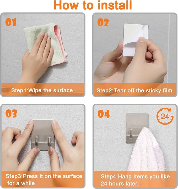 Adhesive Hooks, Stick on Stainless Steel Towel Robe Razor Wall Hooks for Bathroom Kitchen, Sticky Heavy Duty Durable Shower Hangers for Hanging Hat Coat Key Silver(6pcs)