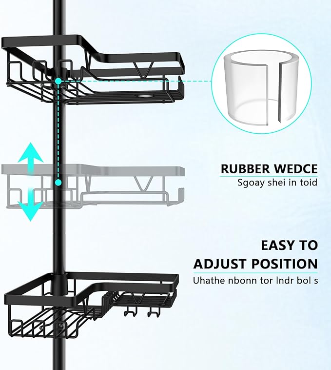 Tension Pole Shower Caddy Corner - 4 Tier Floor to Ceiling Bathroom Shower Organizer 25-112.4 inch Adjustable, Multiple Hooks, 2 Extra Soap Holders, Stable Base, Rustproof, Black