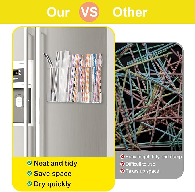 9.5” Large Acrylic Straw Holder for Cabinet Door, Reusable Straw Cabinet Organizer with Double-Sided Adhesive Tape for Kitchen Counter Cupboard (Transparent)