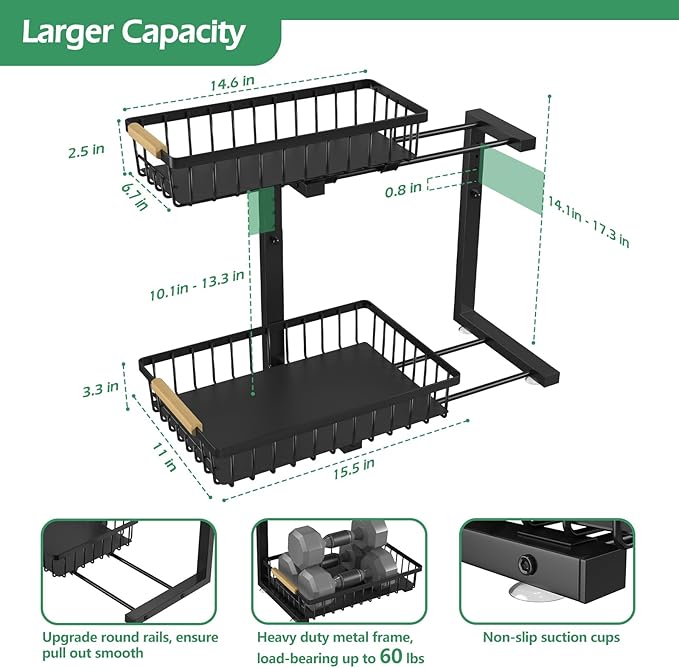 ADRIMER Under Sink Organizer 2 Packs, Pull Out Kitchen Sink Organizer, 2 Tier Slide Out Kitchen Organizers and Storage Bathroom Under Cabinet Storage Shelf, Black-NeatNest