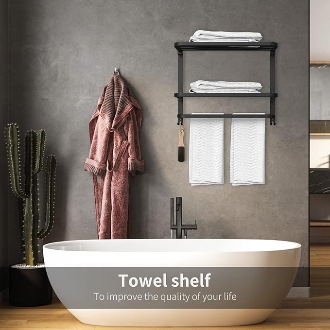 22.8Inch Towel Rack for Bathroom and Lavatory Towel Hanger with Wall Mount Towel Bars 304 Stainless Steel No Drill (Collapsible Black Towel Rack)