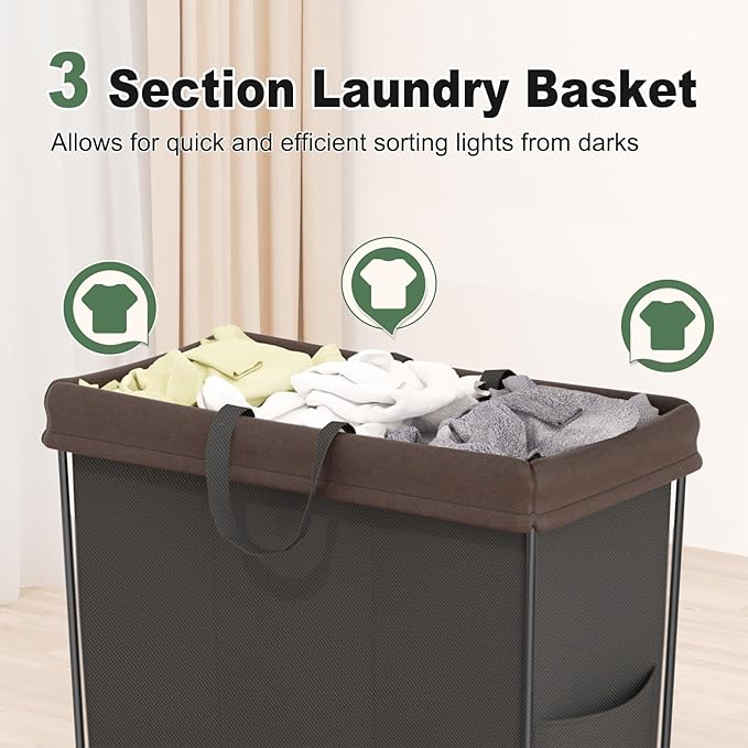 320L Laundry Hamper with Wheels, 3 Section Large Rolling Laundry Basket Bag with Wheels, Clothes Hamper Cart for Laundry, Bedroom, Bathroom and Dorm