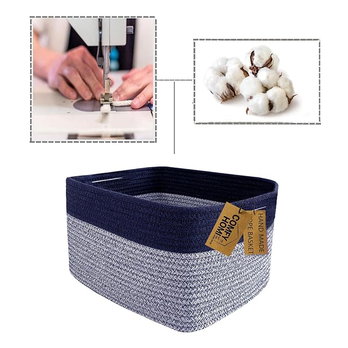 COMFY-HOMI Rectangular Cotton Rope Basket With Handles for Shelves|Dog Toy|Baby Gift - Dark Blue (13.5" x 11" x 9.5")-NeatNest