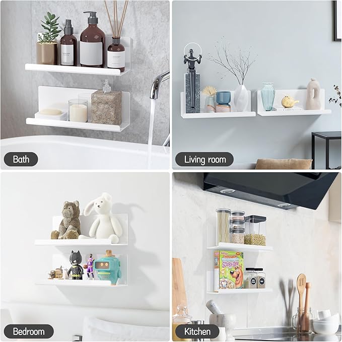 Acrylic Wall Floating Shelves Set of 2, Wall Shelves White 12 Inch Adhesive Wall Organizer Adhesive Shelf for Bathroom, Kitchen, Bedroom, Office, Gaming Room, No Damage, No Drill-NeatNest