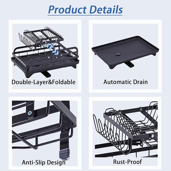 2-Tier Dish Drying Rack for Kitchen Counter - Large Collapsible Dish Rack with Drainboard, Rustproof & Non-Slip Design, Space Saving Dishwasher Rack Dish Drainer -Black
