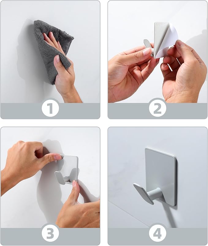 DELITON Stick On Wall Hooks 4 Packs, Towel Hanger for Bathroom Kitchen, No Damage, Stainless Steel, Heavy Duty, Light Gray-NeatNest