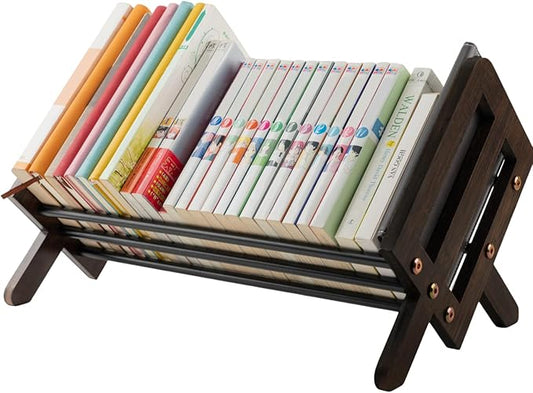 Desktop Bookshelf, Wood Tilting Bookcase with Iron Rack, Book Organizer for CDs/Magazine/Books Display, Storage Rack in Living Room/Studyroom/Home/Office (Brown&Black, 19.68")-NeatNest