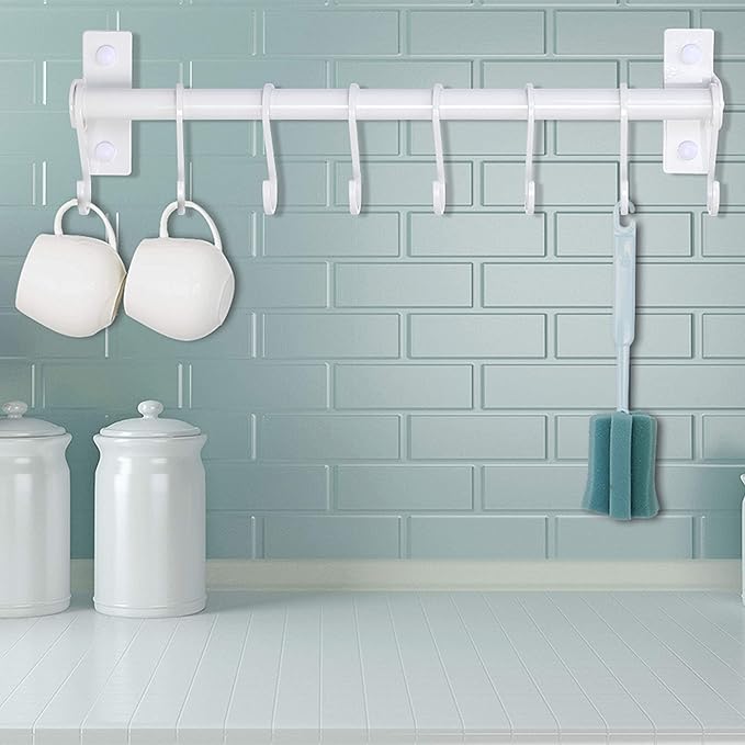 Dseap Kitchen Utensil Holder Hanger, Pot and Pan Rack Wall Mounted, Kitchen Rail with 8 Hooks for Hanging Cooking Utensils, Mugs, Spoons, Wall Mounted, White, Pack of 2-NeatNest