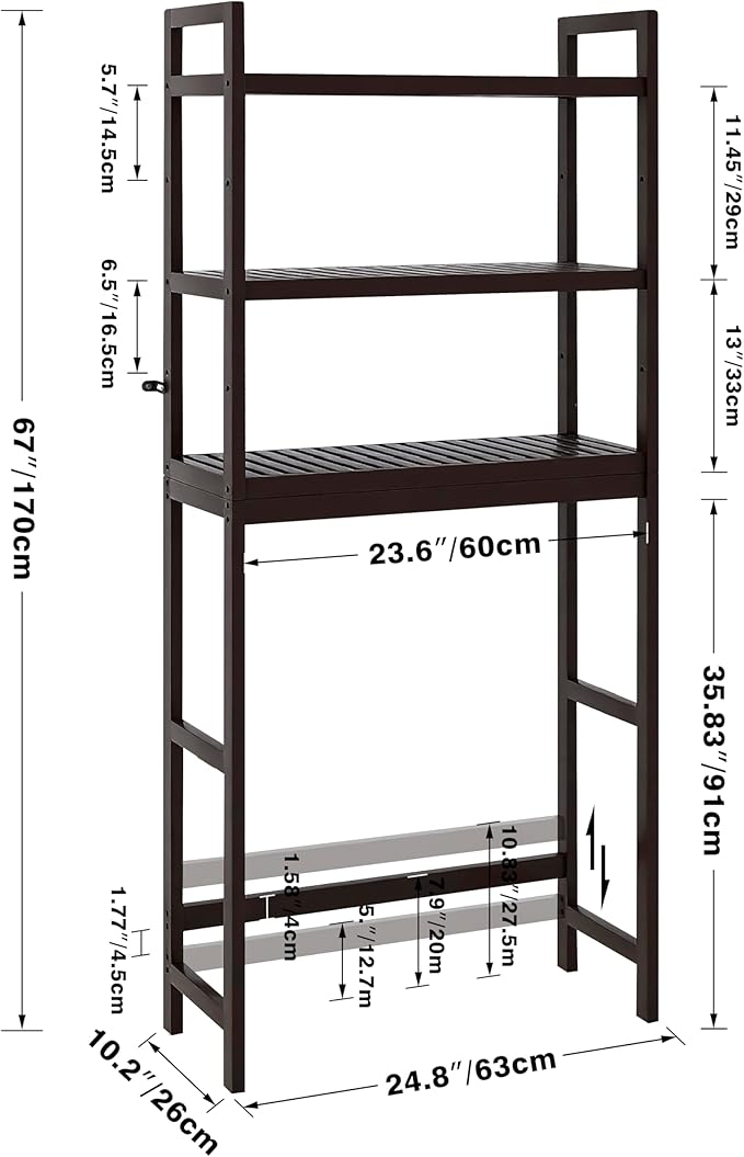 SMIBUY Bathroom Storage Shelf, Bamboo Over-The-Toilet Organizer Rack, Freestanding Toilet Space Saver with 3-Tier Adjustable Shelves (Dark Brown)