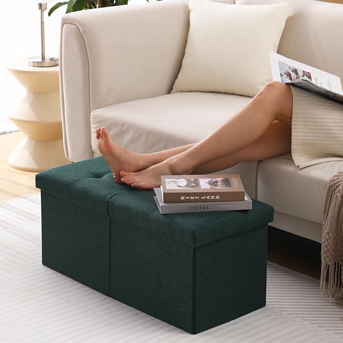 CUYOCA Storage Ottoman Bench Foldable Seat Footrest Shoe Bench End of Bed Storage with Flipping Lid, 75L Storage Space, 30 inches Linen Fabric Emerald, OT026DGN-NeatNest
