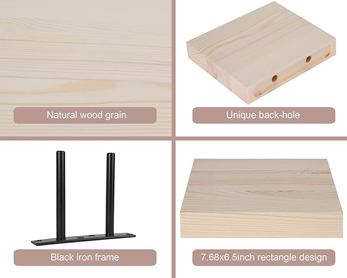 Floating Shelves for Wall – Solid Wood Square Design Wall Shelf with Hidden Brackets, Space Saving Storage & Decorative Display Shelf for Bathroom, Bedroom, Living Room & Kitchen