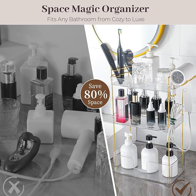 Aveniee Bathroom Counter Organizer Countertop, 3 Tier Makeup Perfume Storage with Hair Dryer Rack and Toothbrush Holder, Cosmetic Tray for Vanity - Clear-NeatNest