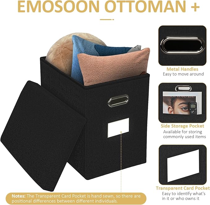 Tall Ottoman with Storage Collapsible Fabric Small Slim Folding Ottoman Furniture with Handles Lid for Room Footrest Foot Stool Linen Black 16.5x16.5x11.8in
