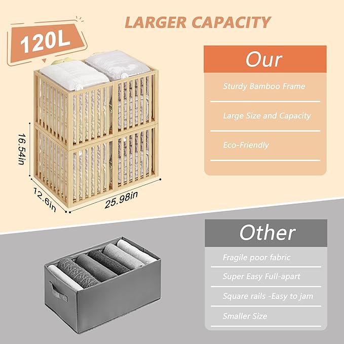 Bamboo Under Bed Storage Containers- Underbed Organizer with Wheels with Large Capacity Dust Bag,Sturdy Wood Rolling Under Bed Shoe Storage Organizer 2 Packs (Nature, 2 Packs Tall (25"×16"x12"))-NeatNest