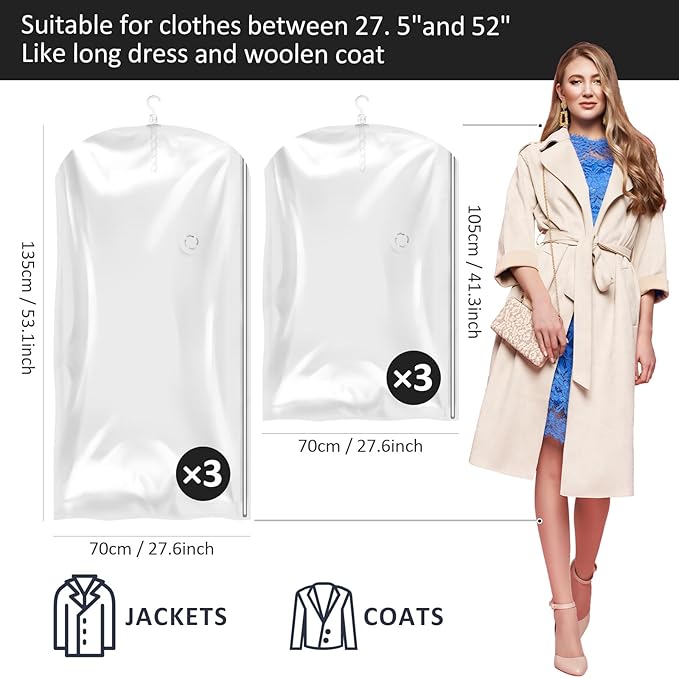 Hanging Vacuum Storage Bags, 6 Pack Large Hanging Space Saver Bags, Vacuum Sealed for Clothes Suits Dress Jackets for Moving Supplies(3 Long, 3 Short)-NeatNest