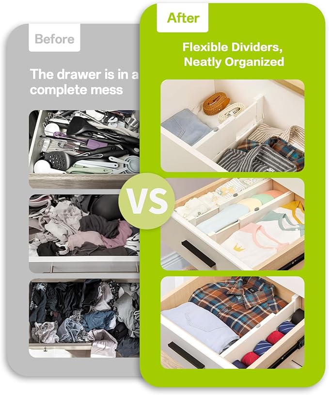 Adjustable Drawer Organizer with Non-Slip Silicone, Multi-Purpose Storage Solution for Wardrobe, Kitchen, Office, 11.6"-17" Length, 4" Height, Durable ABS Plastic, Easy Setup-NeatNest