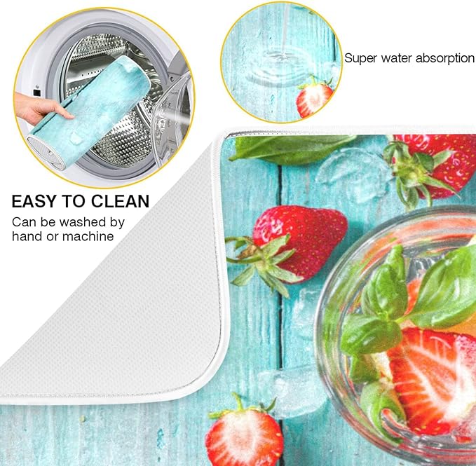 Absorbent Dish Drying Mat for Kitchen Counter - Strawberry Blue Wooden Microfiber Drying Pad, Reversible Drainer Mats for Countertop, Large 18" x 24"