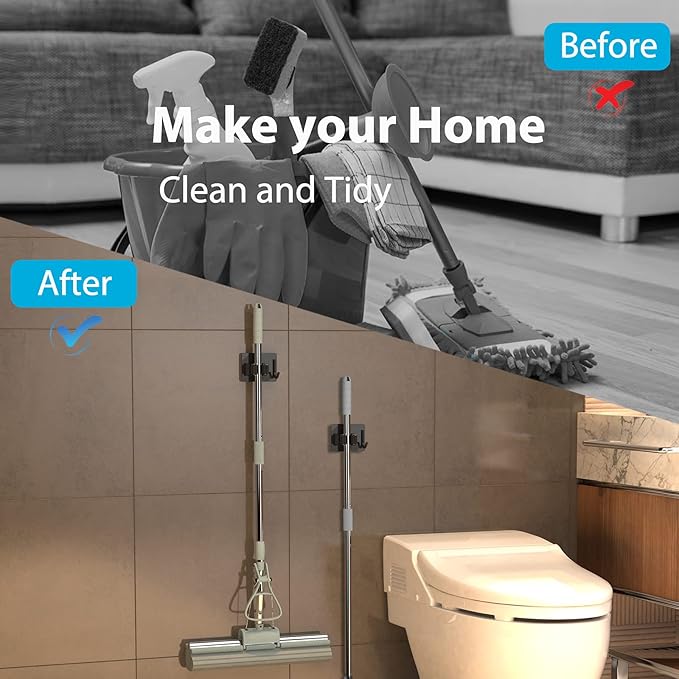 Mop Broom Holder No Drill, Mop Broom Organizer Wall Mounted Heavy Duty with Hooks Hanger, Self Adhesive Stainless Steel 4Pcs for Bathroom, Kitchen, Office (Black)-NeatNest