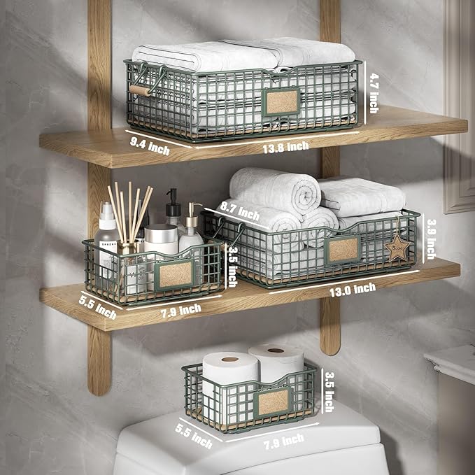 Bathroom Organizers and Storage, 4 Pack Storage Baskets for Shelves, Multipurpose Bins Organizer with Wooden Handles, Decorative Organizer Basket Set for Bathroom, Laundry, Living Room - Green-NeatNest