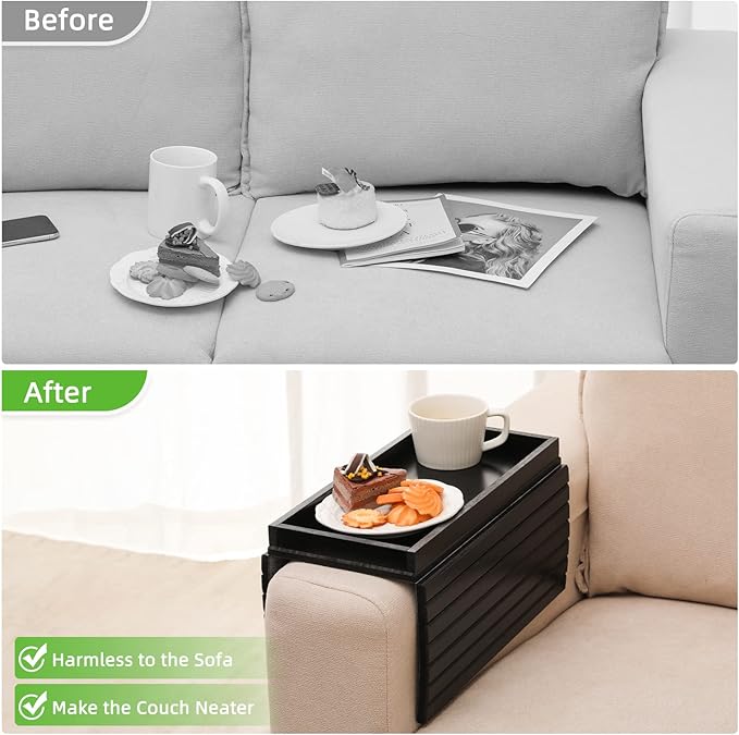 GEHE Bamboo Sofa Arm Tray, Foldable Couch Arm Tray Side Table, Anti-Falling Armrest Tables Cup Holder for Snacks, Drinks, Beers, Phone, Control, Flexible and Portable, Anti-Slip Bottom-NeatNest