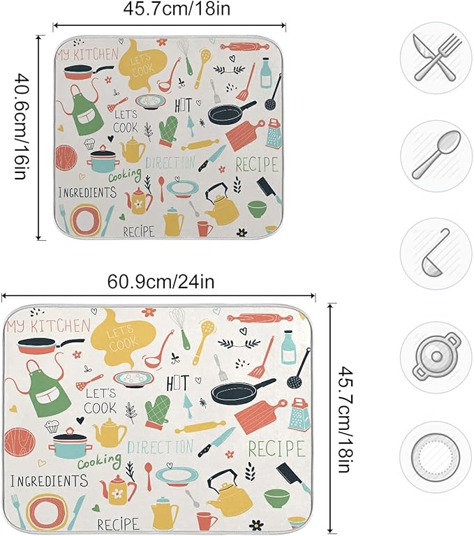 Dish Drying Mats for Kitchen Counter Kitchen Doodle Pattern Microfiber Dish Rack Mat Dry Mats for Dishes Large 24 x 18 Inches