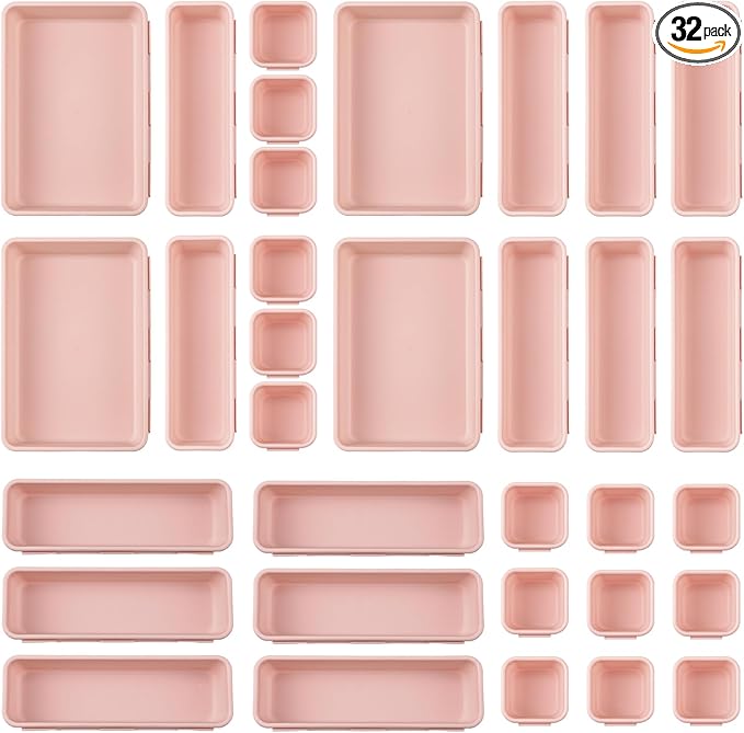 32 Pcs Desk Drawer Organizer Office Organization Tray Versatile Vanity Organizer with Nonslip Pads Makeup for Divider Drawer Storage Box Container for Kitchen Bedroom(Pink)