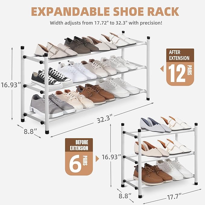 STORAGE MANIAC Expandable Shoe Rack, 12 Pairs Stackable Small Shoe Rack, Metal Adjustable Shoes Organizer for Closet, Entryway, Hallway, Garage, Front Door, Shoes Shelves, White 3 Tier-NeatNest