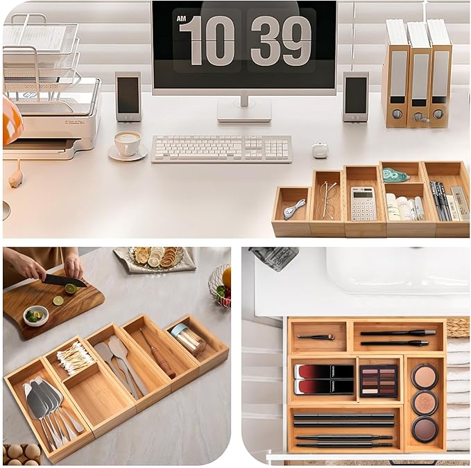 Bamboo Drawer Organizer 5 Pcs for Kitchen Multi-purpose Storage Dividers for Kitchen, Office, Jewelry, Cosmetics, Wooden Drawer Dividers for Drawer Organizer Desk Organizer Gift for Women Gifts Idea-NeatNest